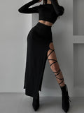 Autumn New Solid Color Casual Long-Sleeved Round Neck Top Slim-Fitting Strap Half Skirt Set - Black