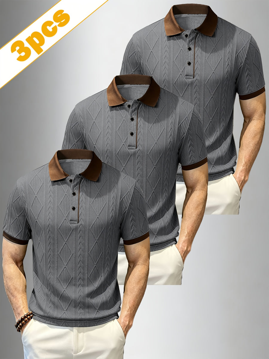 A Set of Three Stylish Men'S Jacquard Polo Shirts, Perfect for Spring, Autumn, And Summer. Made from Jacquard Fabric, They Are Comfortable, Skin-Friendly - Grey