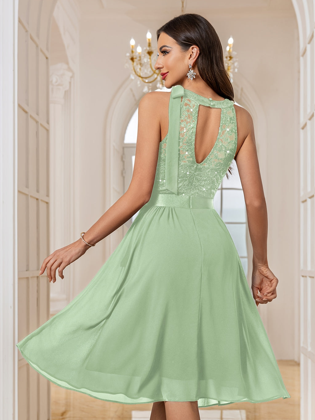 84170A Women's Elegant Round Neck Bow Tie Detail Back Cut-Out Sequin Lace Patchwork Chiffon Asymmetrical Ruffle Hem Midi Party Gown Evening Dress - Mint Green