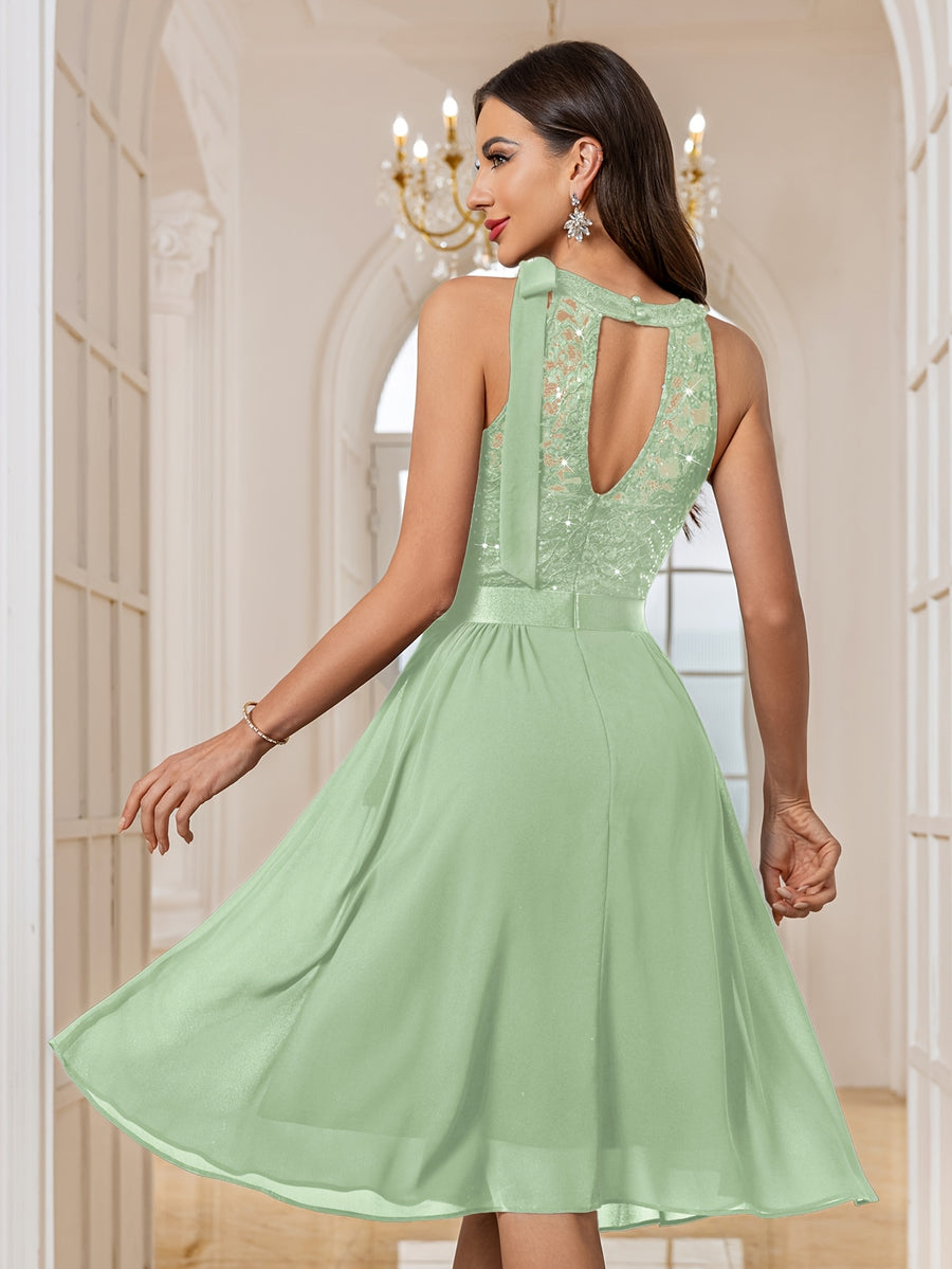 84170A Women's Elegant Round Neck Bow Tie Detail Back Cut-Out Sequin Lace Patchwork Chiffon Asymmetrical Ruffle Hem Midi Party Gown Evening Dress - Mint Green