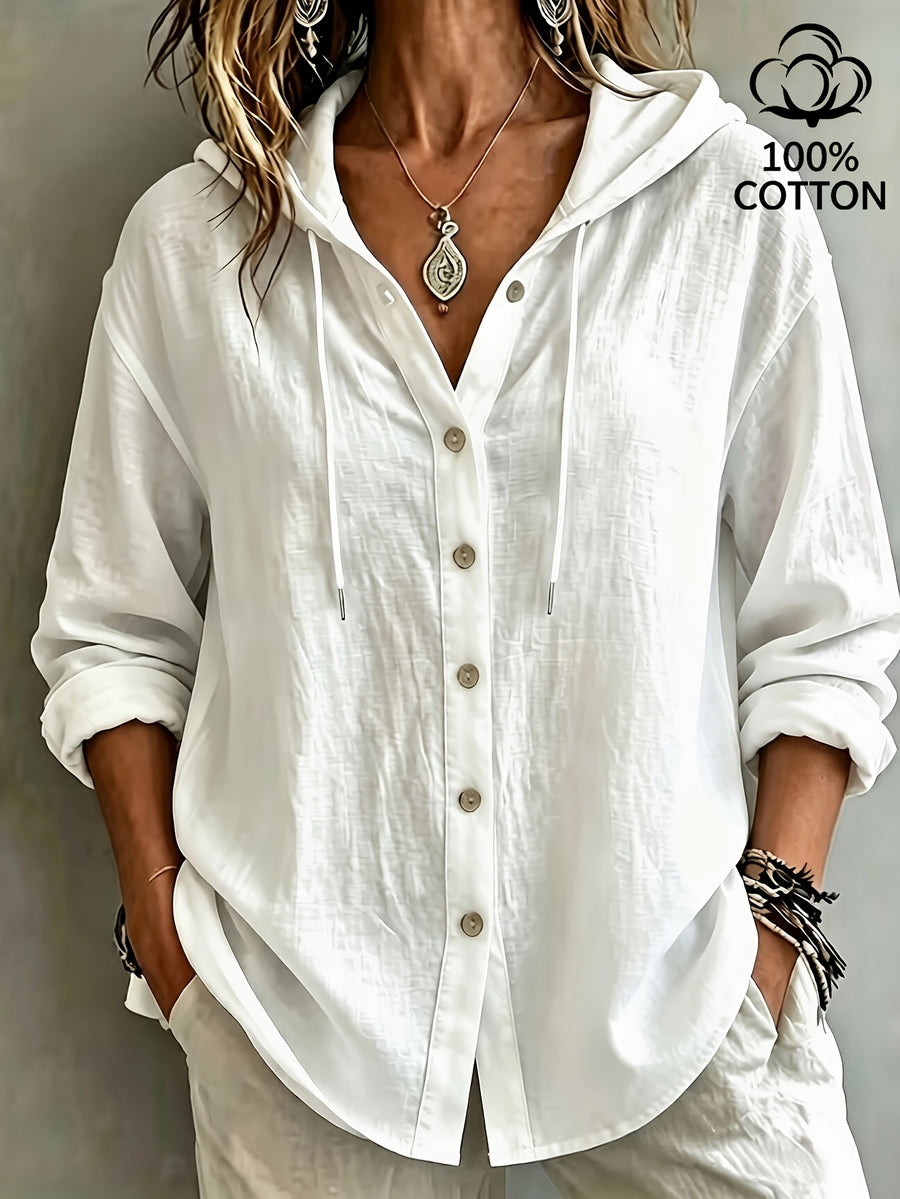 Women's Daily Drawstring Loose Long-Sleeve Casual Cardigan Shirt, All- Hooded Drawstring Shirt BK260705911 - White