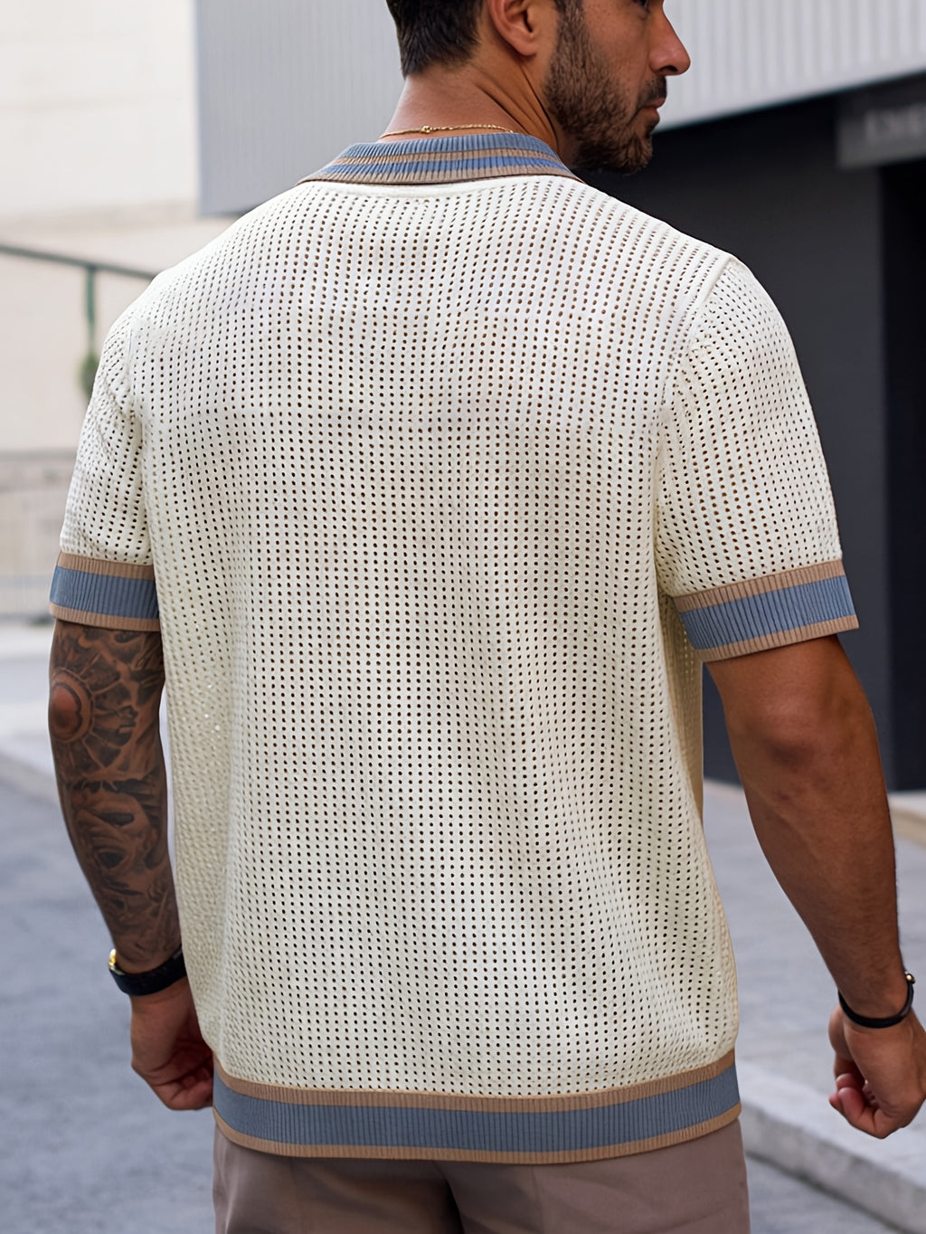 Men's Polo Shirt, Knitted Short Sleeve, Summer, Hollow-Out Breathable Color-Block Top, Suitable for All Occasions - Apricot