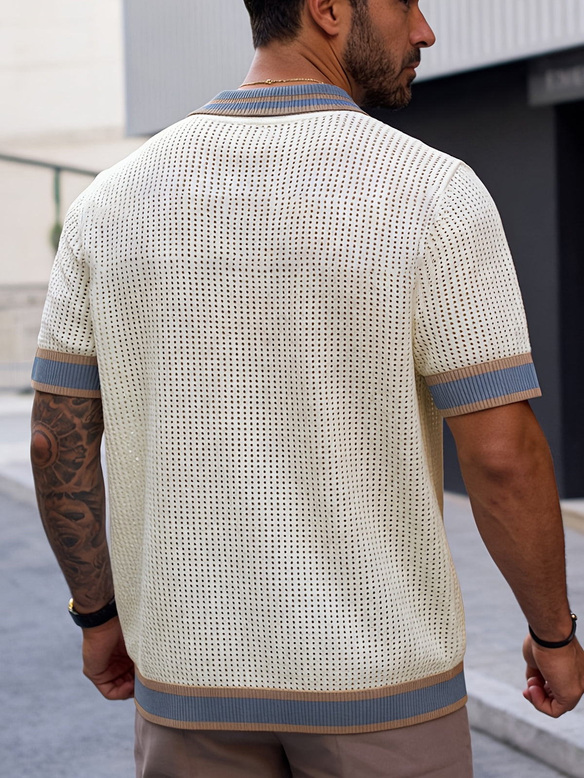 Men's Polo Shirt, Knitted Short Sleeve, Summer, Hollow-Out Breathable Color-Block Top, Suitable for All Occasions - Apricot