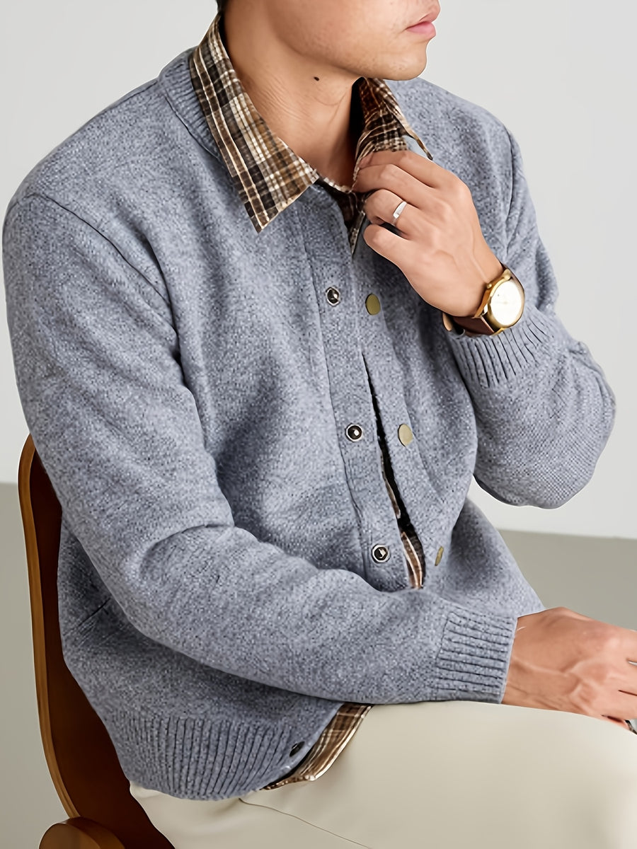 Men'S Oatmeal Knit Cardigan, Faux Two-Piece Plaid Shirt Collar Single Button, Business Casual Spring Autumn Regular Fit, Commuting Office - 【Light Grey】