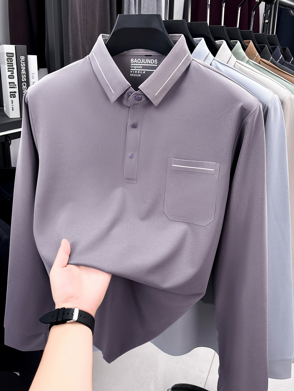 Autumn New Arrival Men's Fashion Long-Sleeve Polo Shirt, Versatile Casual Button- Lapel Seamless Men's Long-Sleeve Top, Suitable for Business Casual Outings, Dates, and Walks, an Essential Top for Casual Attire - Light Purple