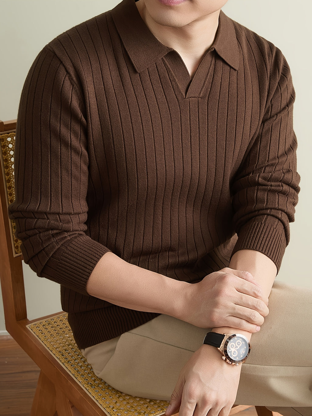 Autumn Winter Men'S Sweater, Lapel Men'S Long Sleeve Sweater, Casual Solid Color Pinstripe Seagull Collar Knit Warm Pullover POLO Shirt, Daily Commute Outdoor Holiday Wear POLO Shirt Sweater - Mocha Brown