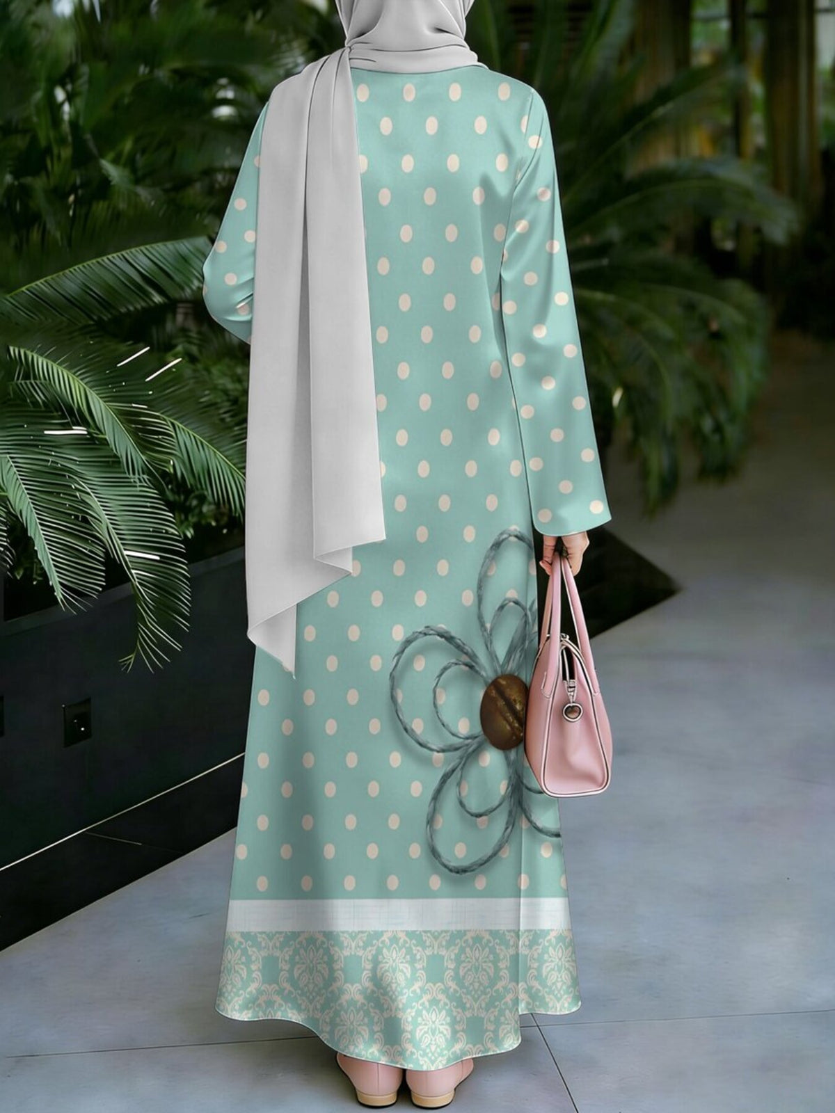 Women's Middle Eastern Style Muslim Elegant Robe, Mint Green Polka Dot Pattern Muslim Robe, Loose Long Sleeves with Flowing Flared Hem, Suitable for Shopping, Prayer, and Festivals, Comfortable Fabric Without Embroidery, Fresh Vintage Arabic Women's - Mixed colors