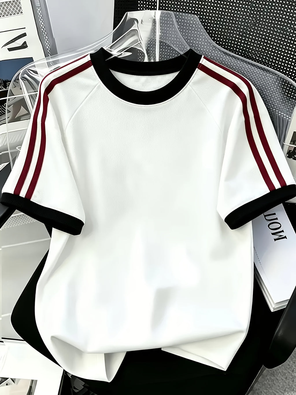 WB Men's Pure Cotton T-Shirt 2026 New Summer - Breathable Crew Neck Short Sleeve Tee with Solid Color Base & Contrast Stripe, Suitable for Casual Wear, Gym, Everyday Outfits - Machine Washable Solid Color Round Neck Shirt - White