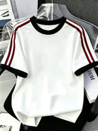 WB Men's Pure Cotton T-Shirt 2026 New Summer - Breathable Crew Neck Short Sleeve Tee with Solid Color Base & Contrast Stripe, Suitable for Casual Wear, Gym, Everyday Outfits - Machine Washable Solid Color Round Neck Shirt - White