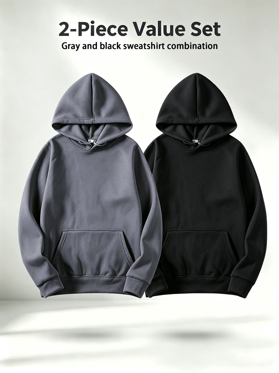 Discount 2pcs Solid Color Basic Hoodie Men'S Loose All-Match Drop Shoulder Long Sleeve Top Casual Pullover Sweatshirt - Dark Gray + Black
