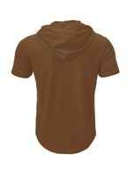 A Single Piece Men'S Casual Hooded Henley Shirt, Lightweight Sports T-Shirt for Summer That Wicks Moisture And Is Breathable, Featuring a Solid Color, Short Sleeves, Button Details at The Neckline, Adjustable Drawstrings for The Hood, Regular Fit - Brown