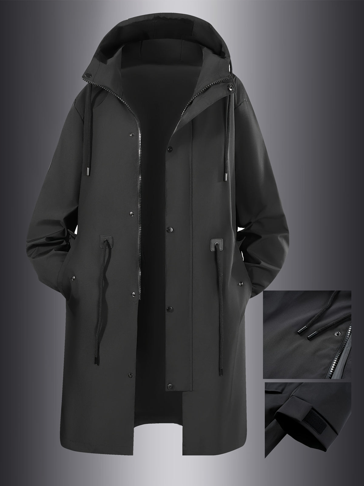 Spring And Autumn Men'S Outdoor Long Trench Coat Fashion Light Luxury Black Trench Coat Light Business Long Hooded Coat Black Coat Jacket - Black