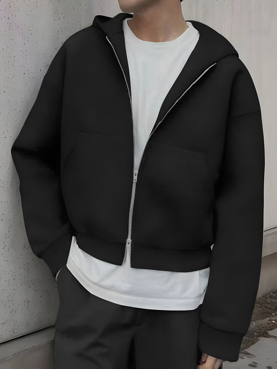 Men'S Casual Easy Solid Color Drop Shoulder Loose Zip-Up Hooded Sweatshirt, Versatile for Spring/Autumn - Black