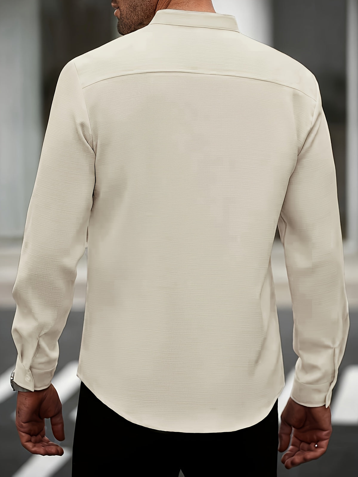 Cross-Border Men'S Casual Mandarin Collar Long Sleeve Shirt - Khaki