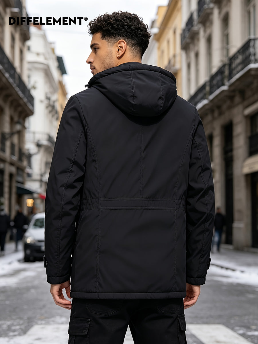 DIFFELEMENT Men's -Lined Hooded Parka Padded Coat, Windproof and Warm, Multi-Pocket Workwear Jacket with Detachable Hood, Elastic Cuffs, Regular Fit, Suitable for Cold Weather, Urban Streetwear, Skiing, Hiking, Winter Daily Work, and Casual Wear - Black