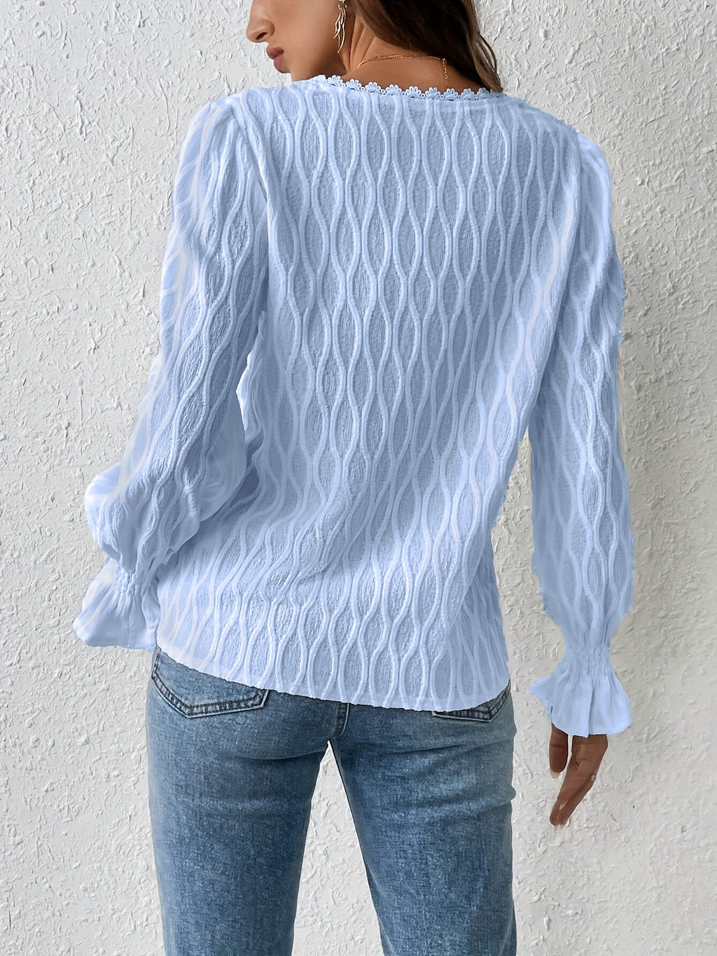 Elegant V-Neck Guipure Lace Trim Flounce Sleeve Button Long Sleeves Front Blouse Going Out Tops - Blue