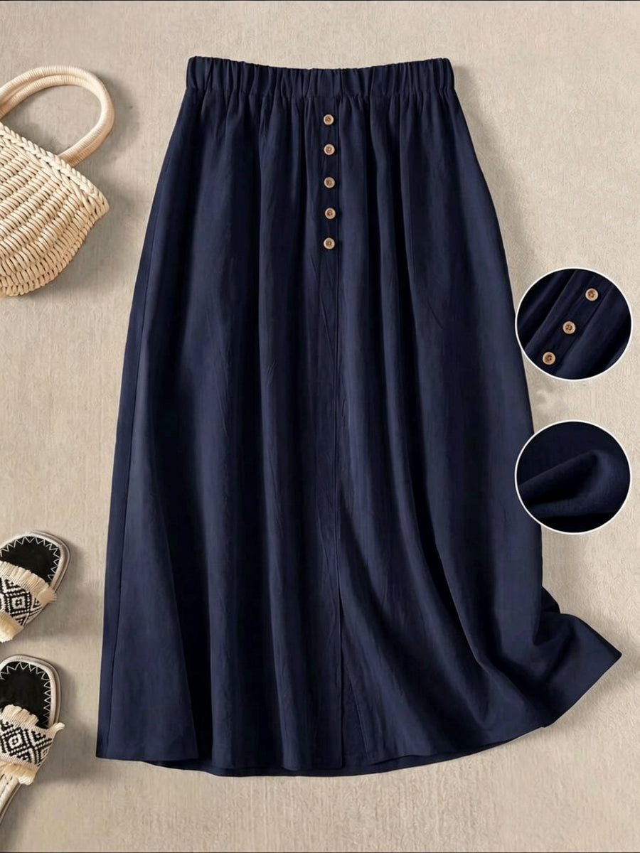 Women'S Casual Retro Midi Skirt, A-Line with Slit And Button Detail - Navy Color