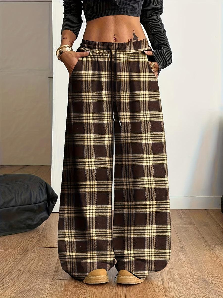 Women'S Plaid Wide-Leg Pocket Drawstring Casual Fashion Fall Winter Trousers - Coffee Brown