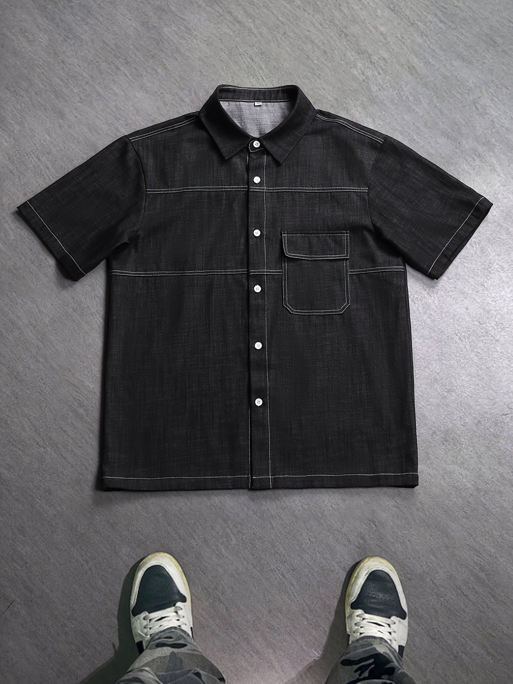 Men's Imitation Denim Contrast Stitching Color Block Design, Fashionable, Versatile, and Trendy Casual Short-Sleeve Shirt - Black