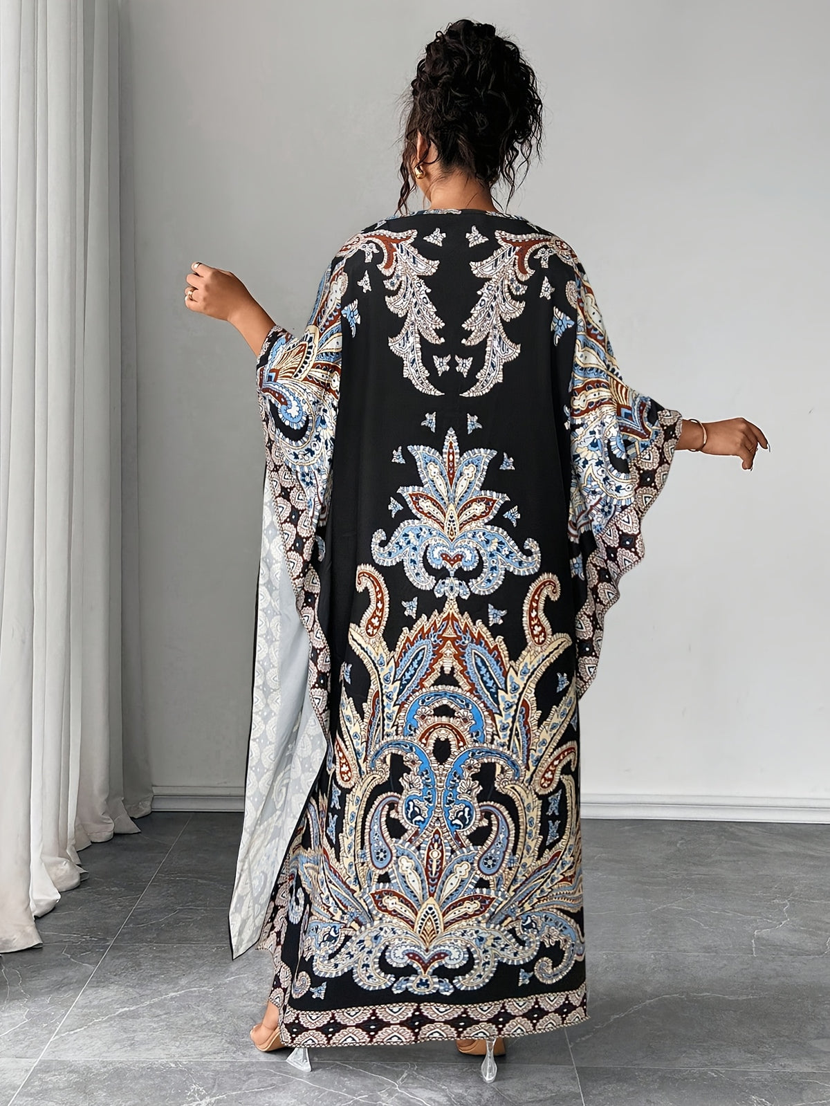 Plus Size - Plus Size - Plus Size Women'S Loose-Fitting Batwing Sleeve Printed Round Neck Dress - Black