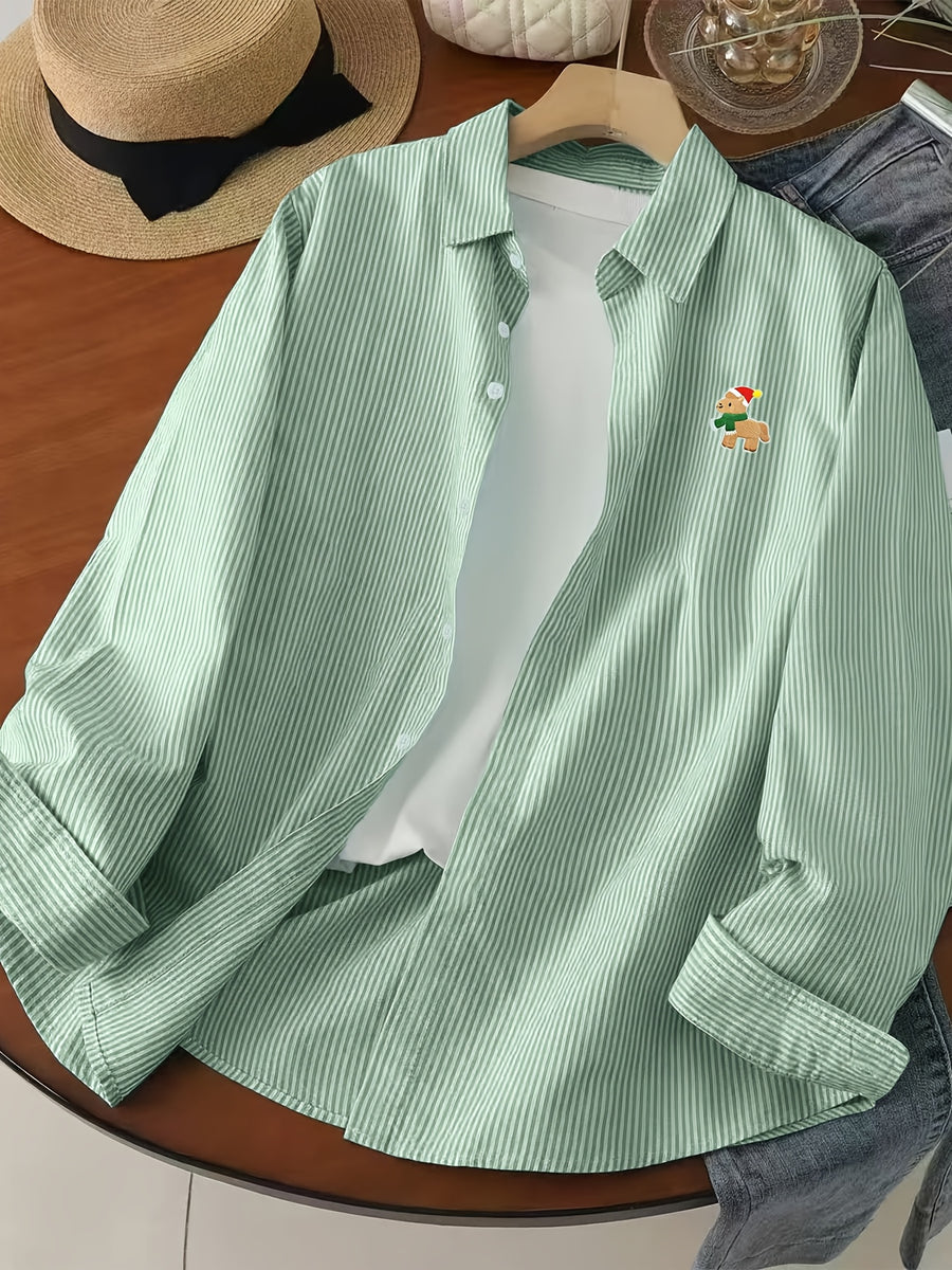 Hong Kong Style Casual Lazy Vertical Striped Cartoon Fun Gift Little Pony Pattern Long Sleeve Shirt Thin Versatile Blouse Men'S Fine Striped Shirt - Red Hat Little Horse Green