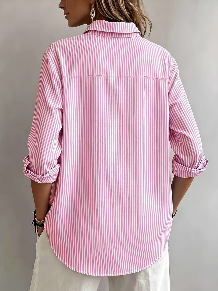 Spring/Autumn Women'S Shirt, Long Sleeve Striped Pocket Casual Skin-Friendly Breathable Commute Daily Summer Top Women'S Shirt - Pink Color