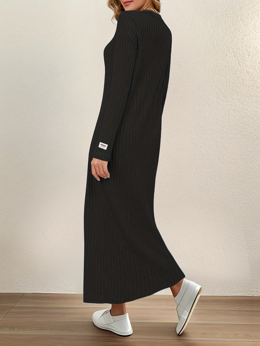 New Women's Round Neck Pullover Long Dress, Suitable for Home Wear, Outerwear, or as a Base Layer, Long Sleeve, Slim Fit, Loose Fit, A-Line, Solid Color, Ribbed, Relaxed Style Long Dress - Black