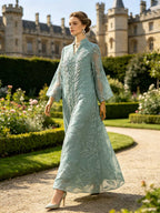 Elegant and Dignified Women's Abaya with Heavy Crystal Bead Leaf Embroidery, Luxurious Long Robe - Light Green