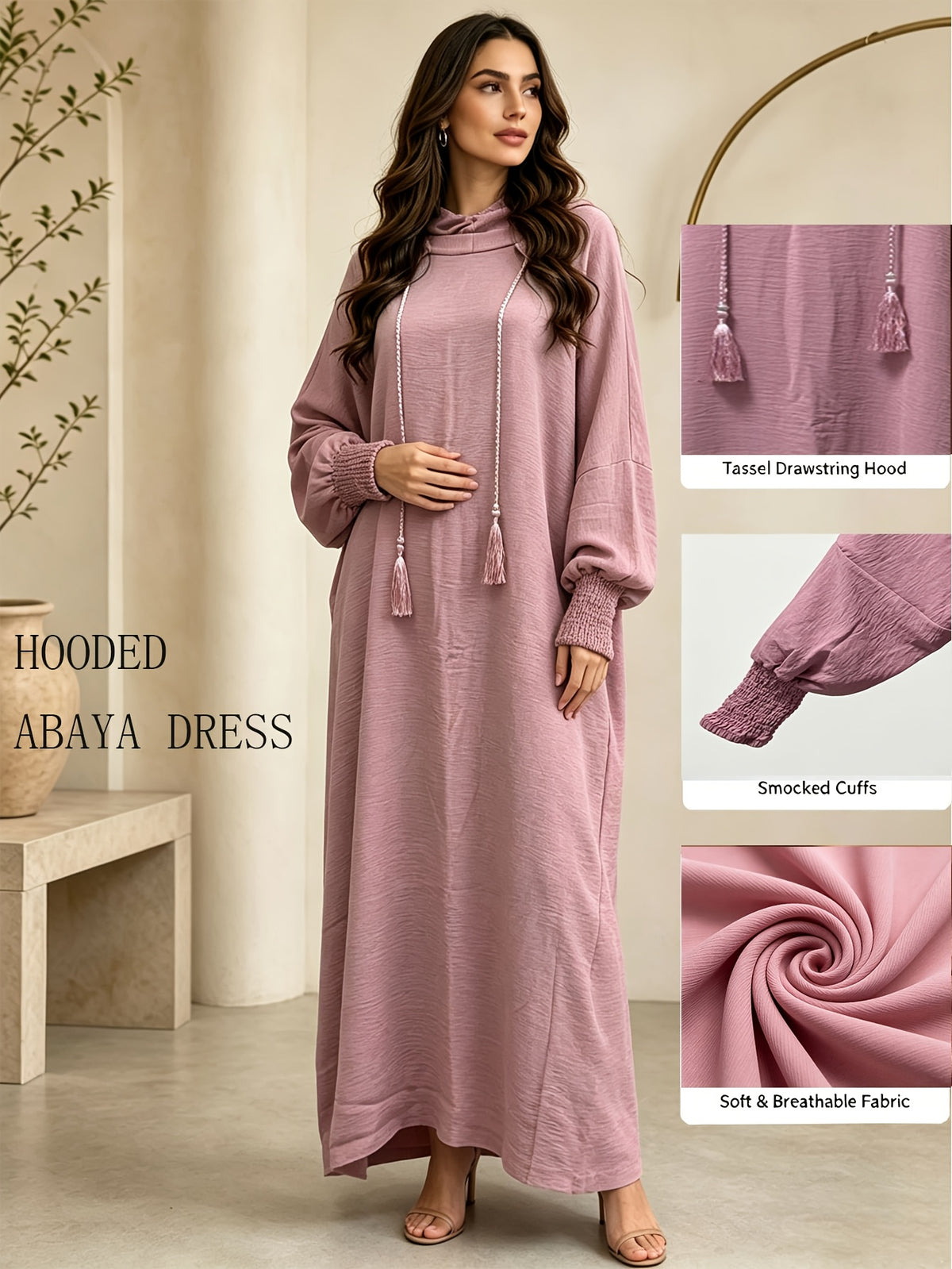 Plus Size - 1pc Women'S Hooded Double-Layer Abaya Dress, Casual Loose Breathable Prayer Robe, Suitable for Daily Wear Or Gifting - Pink Color