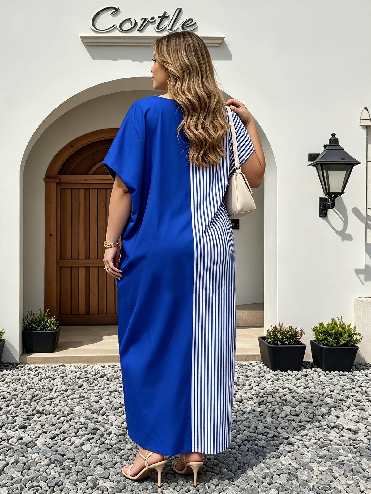 Plus Size, Women's Color-Block Spliced Striped Loose Robe Dress, V-Neck Batwing Short Sleeve Plus Size Long Dress for Covering Flaws, Casual Ankle-Length Cover-Up Robe - Blue