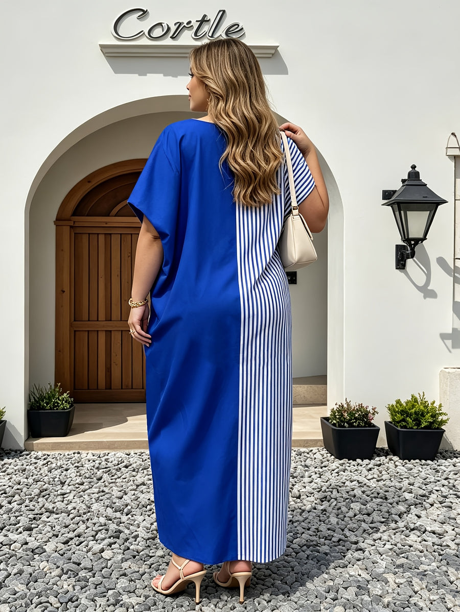 Plus Size, Women's Color-Block Spliced Striped Loose Robe Dress, V-Neck Batwing Short Sleeve Plus Size Long Dress for Covering Flaws, Casual Ankle-Length Cover-Up Robe - Blue