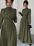 ZD1026017 Elenzga Women's Casual, Elegant, Romantic Sicilian Style Solid Color Chiffon Stand Collar Loose Fit Criss-Cross Tie A-Line Bow Long Sleeve Bridesmaid Dress, Suitable for Commuting, Vacations, Afternoon Tea, Parties, and Dinner Parties - Green