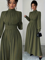 ZD1026017 Elenzga Women's Casual, Elegant, Romantic Sicilian Style Solid Color Chiffon Stand Collar Loose Fit Criss-Cross Tie A-Line Bow Long Sleeve Bridesmaid Dress, Suitable for Commuting, Vacations, Afternoon Tea, Parties, and Dinner Parties - Green