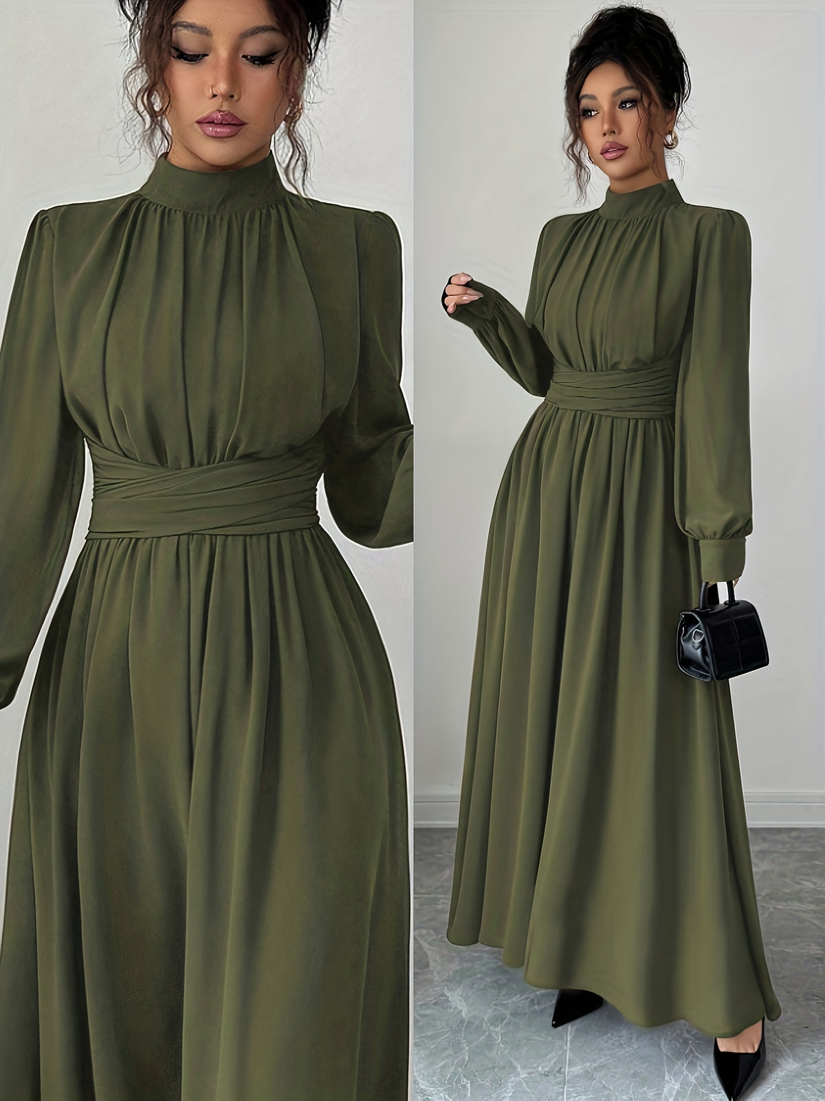 ZD1026017 Elenzga Women's Casual, Elegant, Romantic Sicilian Style Solid Color Chiffon Stand Collar Loose Fit Criss-Cross Tie A-Line Bow Long Sleeve Bridesmaid Dress, Suitable for Commuting, Vacations, Afternoon Tea, Parties, and Dinner Parties - Green