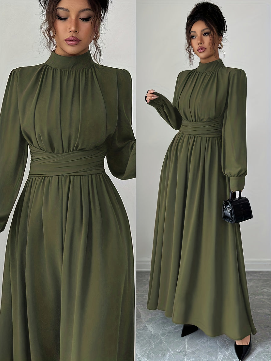 ZD1026017 Elenzga Women's Casual, Elegant, Romantic Sicilian Style Solid Color Chiffon Stand Collar Loose Fit Criss-Cross Tie A-Line Bow Long Sleeve Bridesmaid Dress, Suitable for Commuting, Vacations, Afternoon Tea, Parties, and Dinner Parties - Green