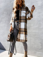 Plaid Print Long Length Jacket, Casual Button Front Flap Pockets Outwear, Women's Clothing - Khaki