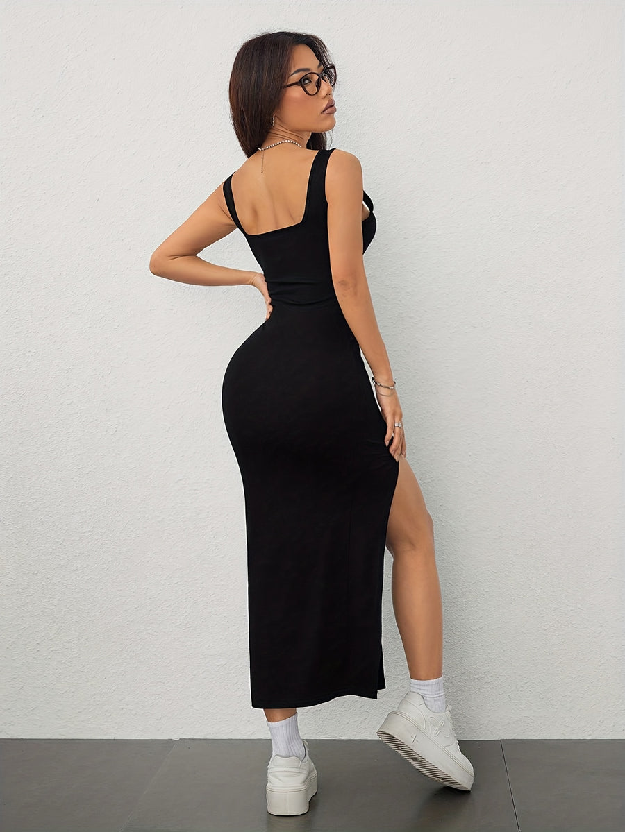 Women's Spring/Summer Sexy Elegant Square Neck Off-Shoulder Backless Split Hip Strappy Dress - Black