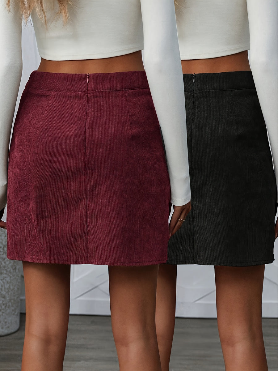 Women's Corduroy Casual Side Button Slit Hem A-Line Skirt - Red + Black