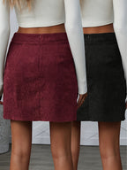 Women's Corduroy Casual Side Button Slit Hem A-Line Skirt - Red + Black