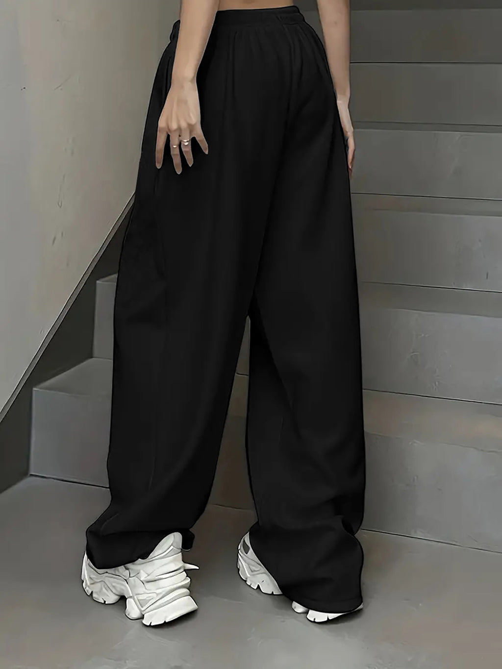 Be Yourself" Purple Butterfly Pattern Print, Casual Sporty Straight-Leg Pants, Women's Elastic Waist Drawstring Wide-Leg Long Pants, All-Season Women's Trousers - Black