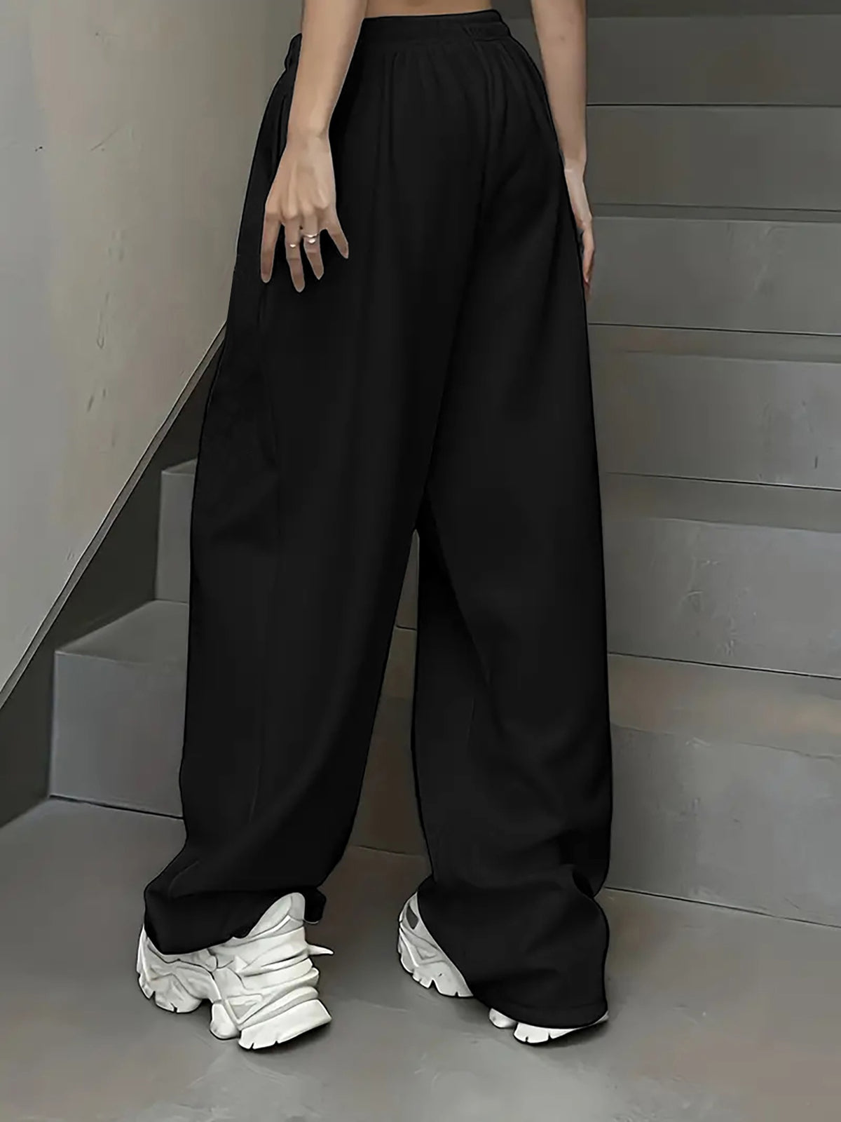 Be Yourself" Purple Butterfly Pattern Print, Casual Sporty Straight-Leg Pants, Women's Elastic Waist Drawstring Wide-Leg Long Pants, All-Season Women's Trousers - Black