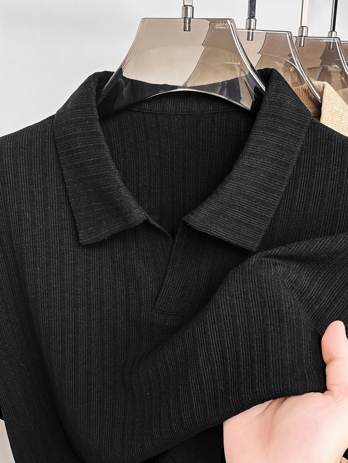 Men'S Vertical Striped V-Neck Knit Shirt, Summer Lapel Men'S Short-Sleeved T-Shirt, Solid Color Striped POLO Shirt, Casual Business Versatile Top, Commuting Men'S Clothing, Temperament Men'S Top - Black