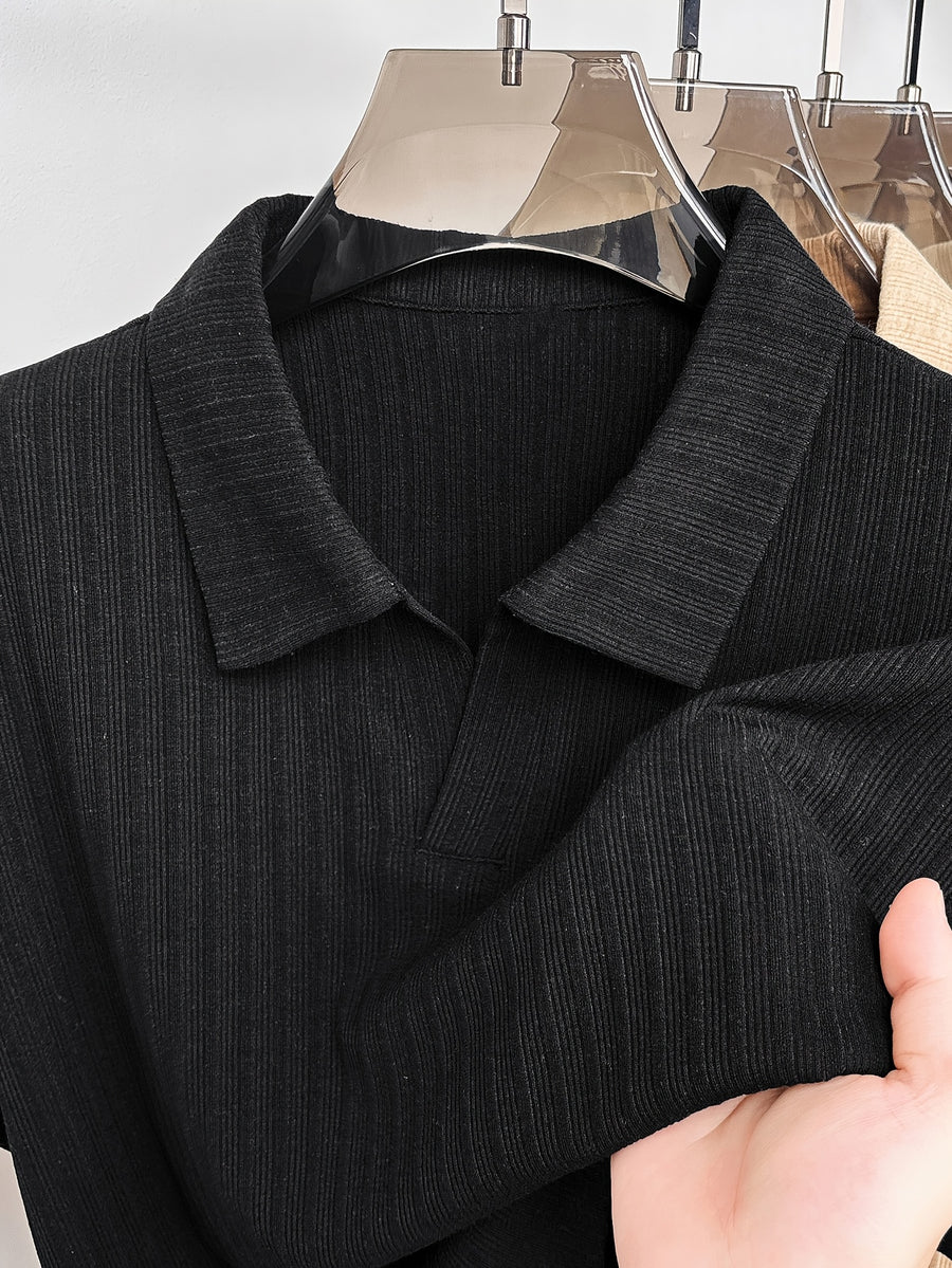 Men'S Vertical Striped V-Neck Knit Shirt, Summer Lapel Men'S Short-Sleeved T-Shirt, Solid Color Striped POLO Shirt, Casual Business Versatile Top, Commuting Men'S Clothing, Temperament Men'S Top - Black