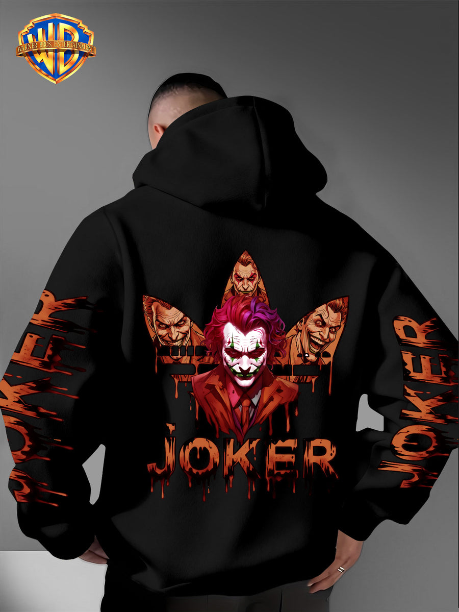 Warner Bros. Official DC Joker Multi-Character Avatar Brown-Toned Fluid Drip Graffiti Men's Fashion Hooded Sweatshirt, Sleeve Print Design, Kangaroo Pocket, Drawstring Hood, Suitable for Daily Wear and Outdoor Sports, an Excellent Choice for Warmth - Black