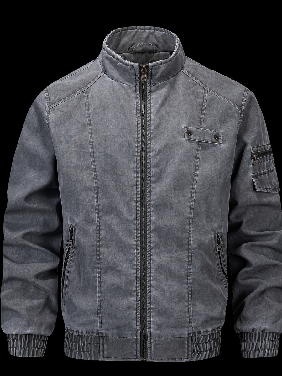 New Spring Autumn Winter Washed Distressed Sole Zipper Jacket - Black