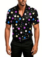 Fashion Retro Color-Block Black Background Colorful Polka Dot Men'S Short Sleeve Shirt, Summer Outing, Light Mature Style, Suitable for Daily Wear And Various Occasions - Mixed colors
