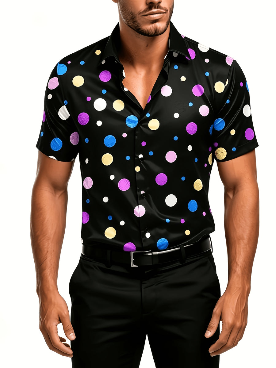 Fashion Retro Color-Block Black Background Colorful Polka Dot Men'S Short Sleeve Shirt, Summer Outing, Light Mature Style, Suitable for Daily Wear And Various Occasions - Mixed colors