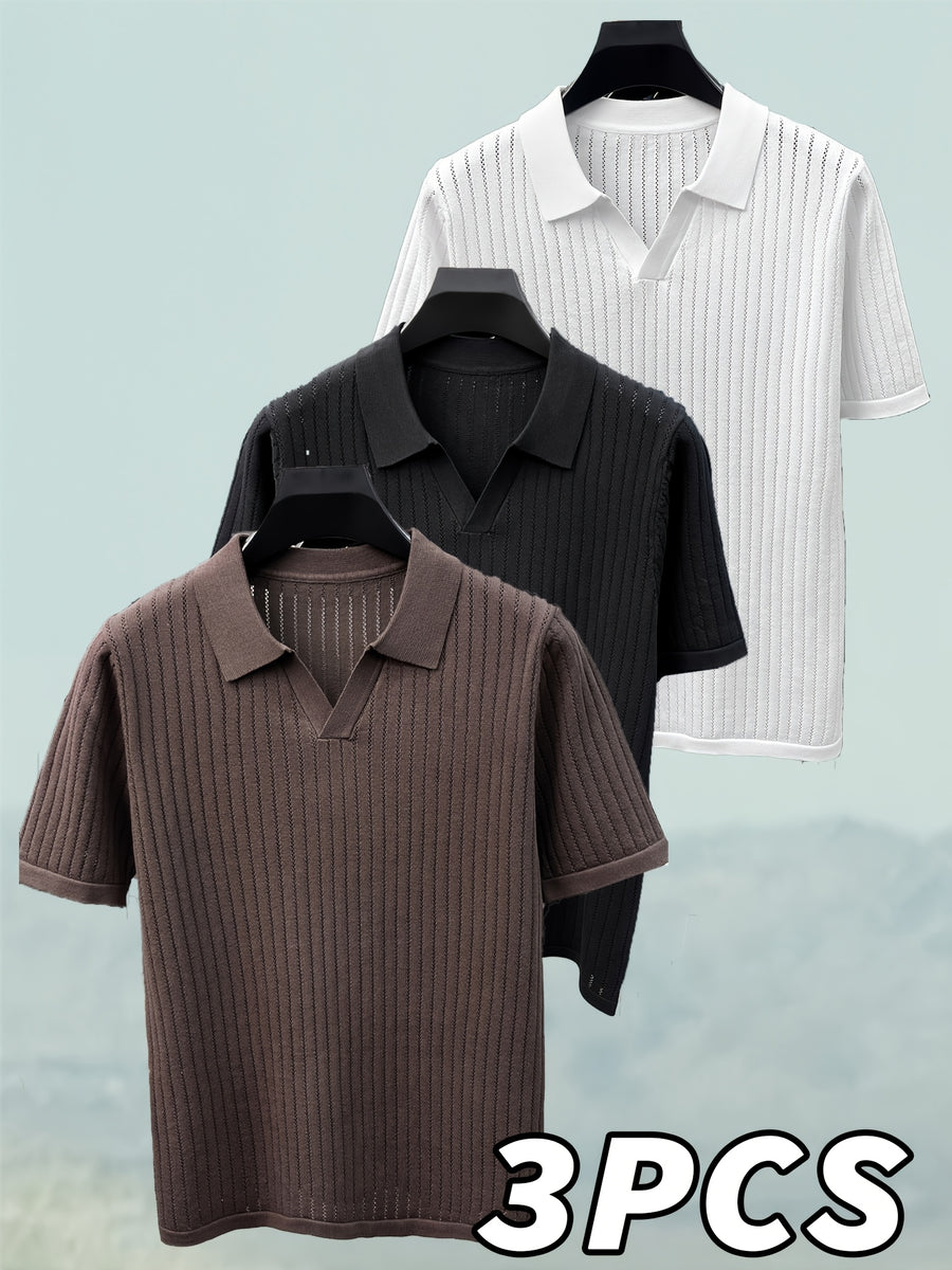 Du Jing Lan OBM 3pcs Set: New Spring/Summer Men's Knitted Pullover, Old Money Style Solid Color Plaid Openwork Breathable Short-Sleeve T-Shirt, Men's Business Casual Fashion Half-Placket Lapel Knit Polo Shirt Base Layer Top. Suitable for Wearing - Coffee+Black+White