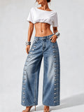 Women's High-waist Wide-leg Jeans, Side Multi-strap Buckle Denim Trousers, Casual Street Pants for Weekend Outings and Parties - Blue