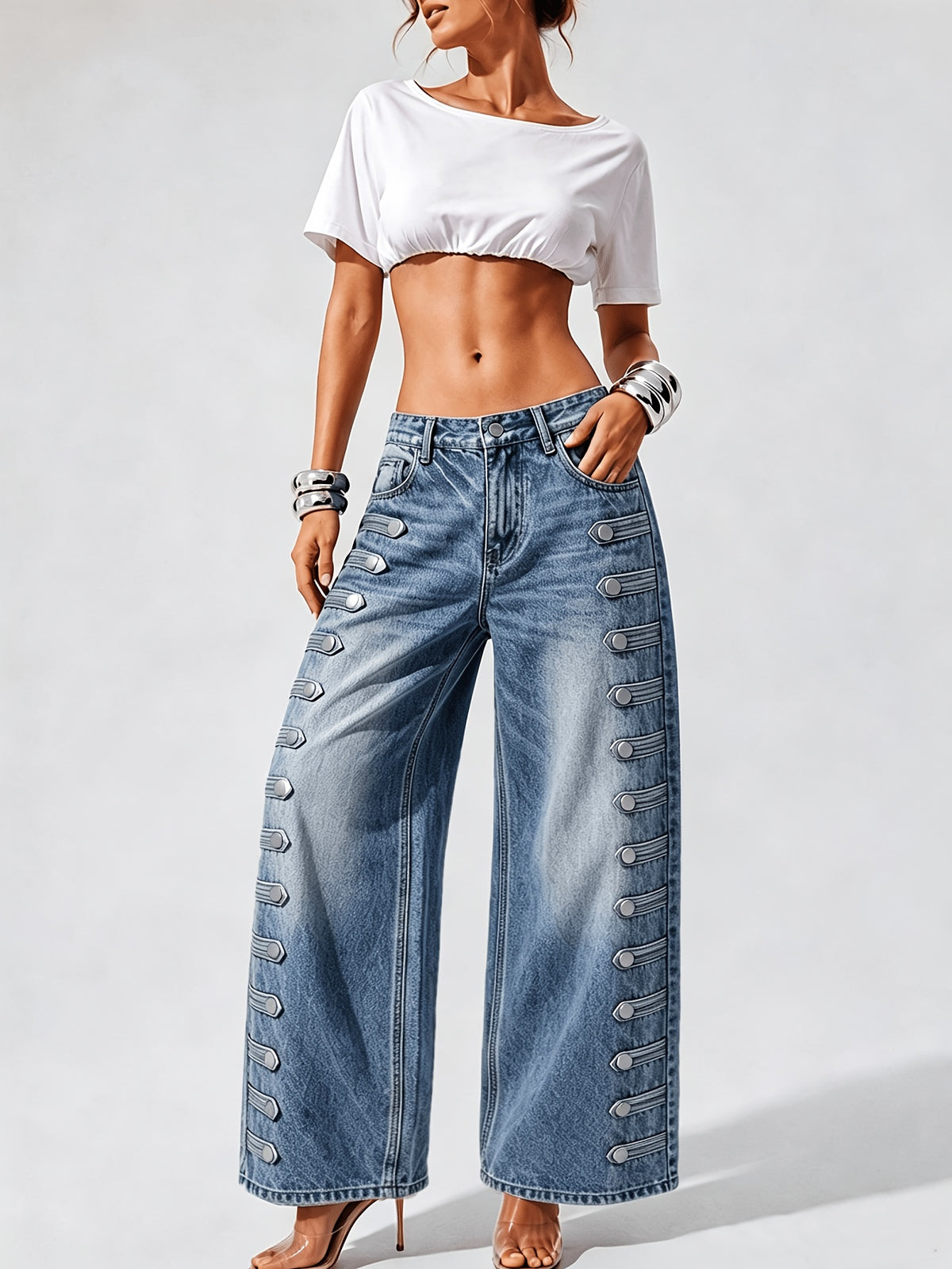 Women's High-waist Wide-leg Jeans, Side Multi-strap Buckle Denim Trousers, Casual Street Pants for Weekend Outings and Parties - Blue